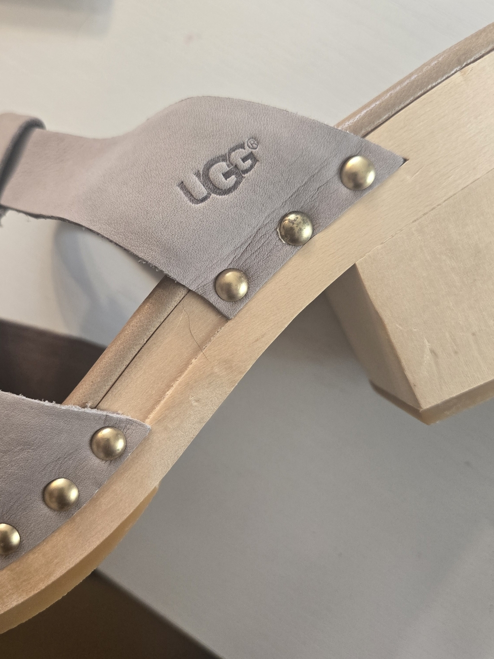 UGG Taupe Suede Studded Wood-Block Clogs - Picture 2 of 3